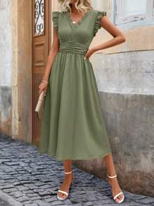 SHEIN Clasi Ruffle Trim Ruched Waist Midi Dress For Summer Maxi Women Outfit - Green - View 5