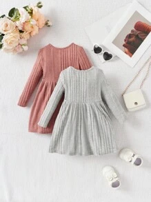 SHEIN Leap Crew Conjunto de 2 piezas de vestido de punto elástico de manga larga y adorable para bebé niña, otoño/invierno - Multicolor - Ver 2