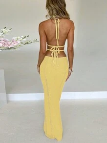 Women's Sexy Hollow-Out Backless Wool Slip Dress, Suitable For Party, Vacation, Beach, Spring/Summer - Yellow - View 2