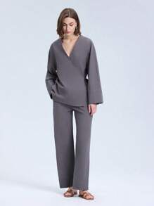 Solid Color V-Neck Cross Wrap Kimono Style Belted Top And Pants Casual Set - Dark Grey - View 4