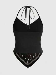 ROMWE Fairycore 女式夏季不對稱下擺褶皺領口領口露背背心，植物刺繡 - 黑色 - 查看 2