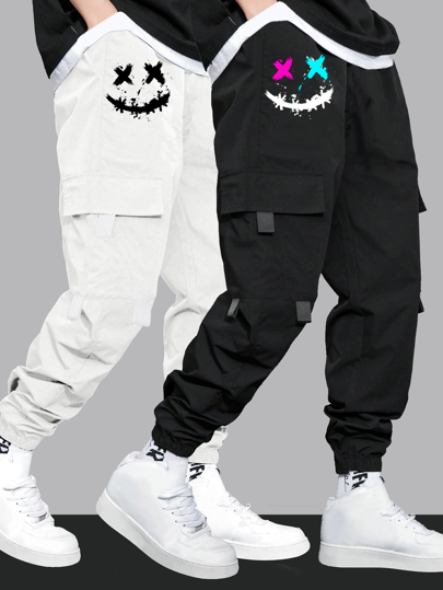 SHEIN 2 pièces Pantalons de jogging de travail de poche avec imprimé souriant pour adolescents, noir et blanc, convient pour l'automne, l'hiver, la fac, la maison, le port quotidien et le sport, idéal pour les voyages, polyvalent et simple