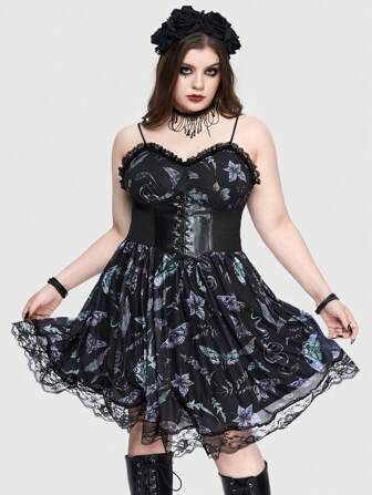 Goth Gothic Vacation Plant Snake Print Mesh Plus Size Women's Cami Dress With Cinched Waist