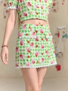 Strawberry Shortcake X SHEIN Women's Summer Plaid And Strawberry Printed Vintage Country Skirt