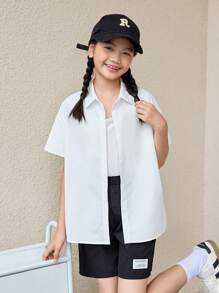 SHEIN White Casual Loose Fit Back Print Turn-Down Collar Shirt And Black Loose Fit Casual Weave Tagged Shorts Set, For Tween Girls