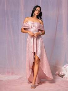 SHEIN Belle Vải satin jacquard màu hồng lãng mạn và thanh lịch, hở vai, ngực nhún, tay áo nhún hình bướm, viền bất đối xứng phía trước ngắn và phía sau dài, thích hợp cho sự kiện đám cưới, váy phù dâu trang trọng - Hồng - Xem 9