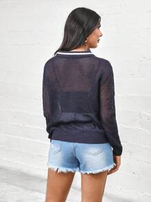 SHEIN LUNE Áo len nữ phong cách đại học có cổ bẻ, thiết kế khoét rỗng, màu xanh đậm, cho học kỳ mùa thu - Màu xanh hải quân - Xem 2