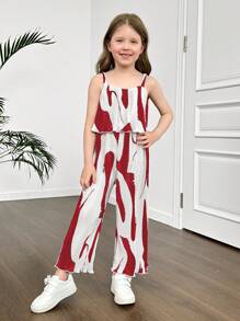 SHEIN Young Girl Wide Strap Asymmetric Pattern Jumpsuit With Ruffled Fabric - Red - View 3