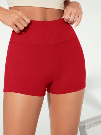 SHEIN BASICS 女士红色宽腰带氨纶机车短裤