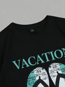 Manfinity RSRT Conjunto de 2 piezas para hombres de talla grande: camiseta de cuello redondo de manga corta con gráfico de letras y pantalones cortos tropicales con cordón, adecuado para vacaciones y playa