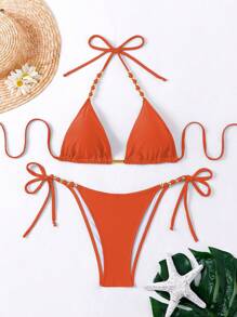 SHEIN Swim 純色露背綁帶夏季海灘比基尼套裝 - 亮橙色 - 查看 7