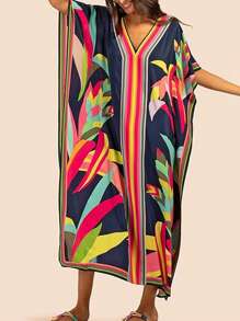 INAWLY Tropical Print Batwing Sleeve Split Hem Dress - Multicolor - View 1