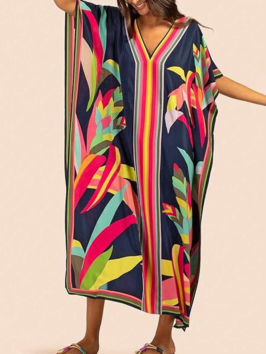 INAWLY Tropical Print Batwing Sleeve Split Hem Dress - Multicolor - View 1