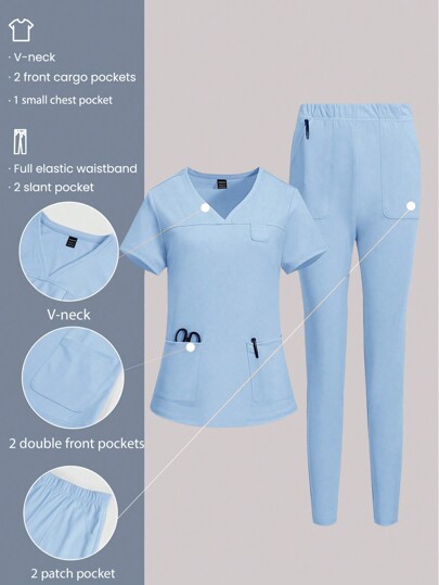 TaskEZ Conjunto de uniformes médicos con top de manga corta de cuello en V de unicolor con doble bolsillo y pantalones