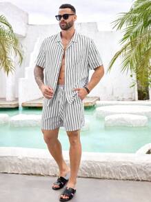Manfinity Homme Men's Plus Size Striped Camp Collar Short Sleeve Casual Shirt And Shorts Set - Black and White - View 6