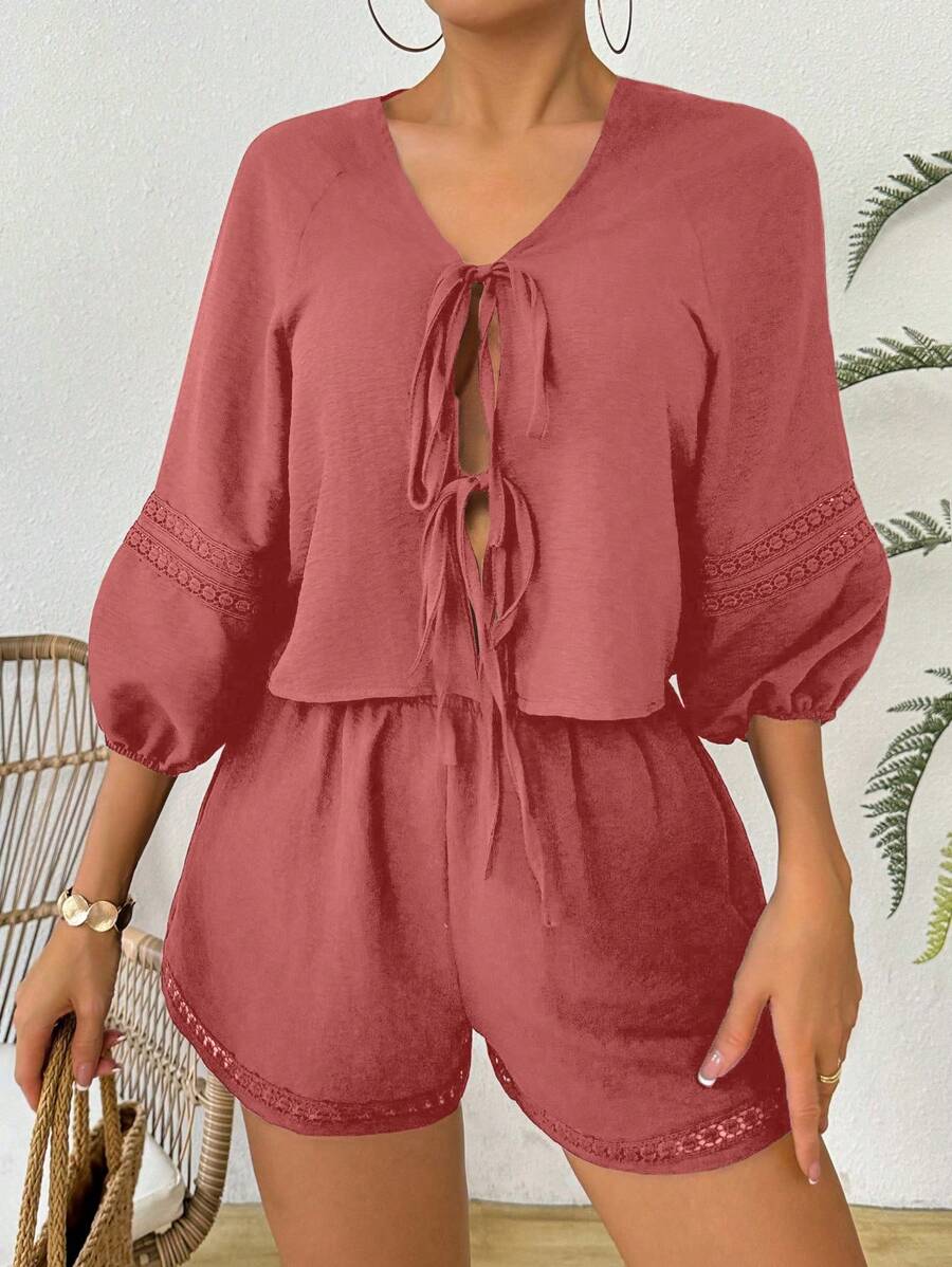 Breezaya Bộ áo sơ mi và quần short ren tay đèn lồng buộc phía trước - Hồng - Xem 1