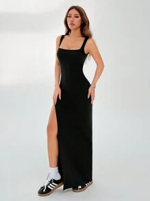 SHEIN EZwear 女式纯色无袖方领开叉大腿长款紧身连衣裙 - 黑色 - 查看 6