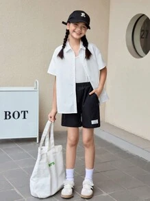SHEIN White Casual Loose Fit Back Print Turn-Down Collar Shirt And Black Loose Fit Casual Weave Tagged Shorts Set, For Tween Girls