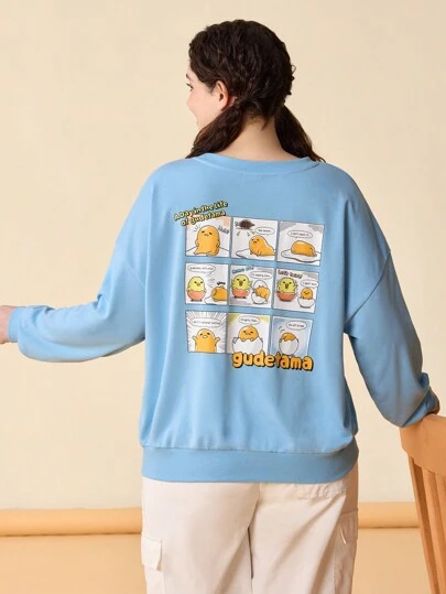 Gudetama X SHEIN Plus Size Casual Cute Dopamine Street Style Cool Blue Egg Print Loose Sweatshirt, Autumn