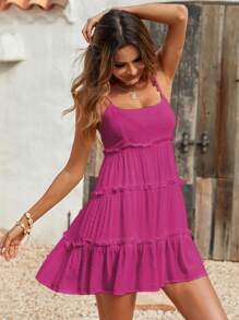 Breezaya Women's Solid Color Multi-Layer Frill Trimmed Spaghetti Strap Short Dress For Vacation - Hot Pink - View 8