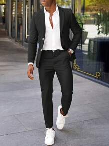 Manfinity Mode Men Solid Long Sleeve Lapel Neck Blazer & Suit Pants - Black - View 1