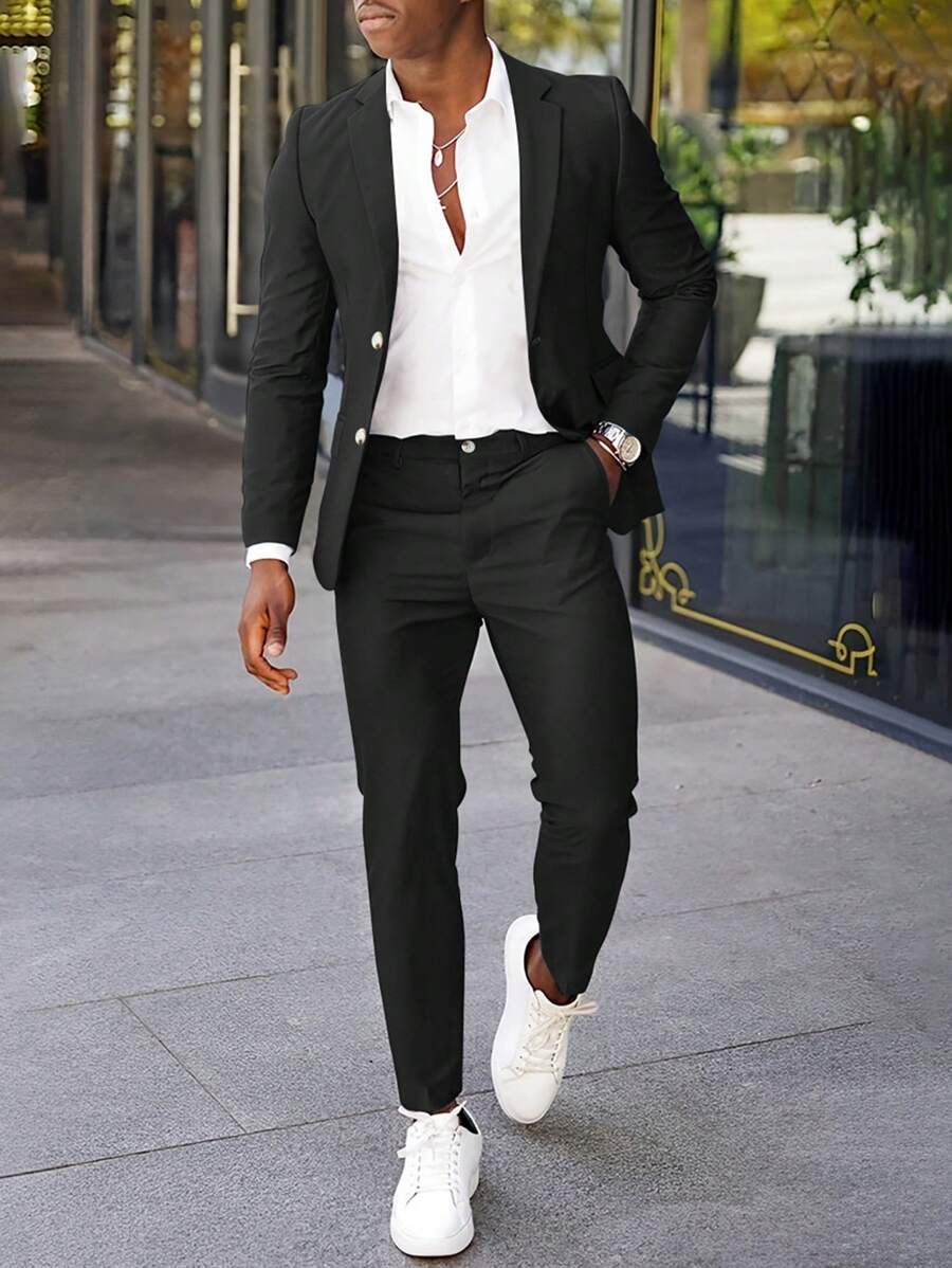 Manfinity Mode Men Solid Long Sleeve Lapel Neck Blazer & Suit Pants - Black - View 1