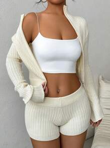 Flirla Women's Solid Color Simple Style Daily Wear Long Sleeve Sweater And Shorts Two-Piece Set - Beige - View 1