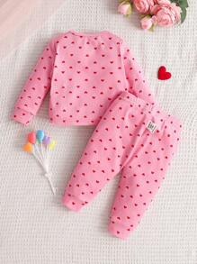 SHEIN 嬰兒女孩心形紋織物保暖睡衣套裝，長袖上衣和長褲，舒適親膚 - 淺粉色 - 查看 2