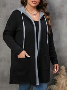 SHEIN CURVE+ Plus Size Women's  Dual  Winter Women Clothes Pocket Drawstring Hooded Coat Fall Autumn - Multicolor - View 4