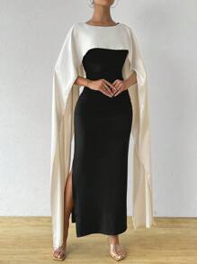 Chiquease Color Block Cape Shawl 2 In 1 Splicing Dress - Black - View 4