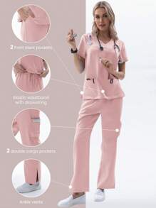 TaskEZ Conjunto de uniforme de enfermera para mujer con coordinación de pantalones y camiseta de manga corta, 2 piezas, para verano - Rosa - Ver 3