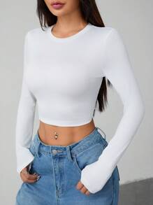 SHEIN PETITE 2 Packs Of Casual Simple Round Neck Long Sleeves Tight Cropped Women's T-Shirts - Multicolor - View 10