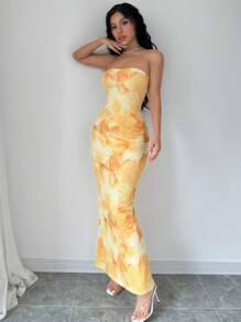 Elenzga Elegant Floral Printed Backless Mermaid Strapless Dress For Summer Maxi Women Outfit - Yellow - View 2