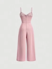 SHEIN MOD Women'S Plus Size Solid Color Twist Front Wide Leg Jumpsuit With Spaghetti Straps - Pink - View 2