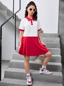 SHEIN Teen Girl Knitted Colorblock Turn-Down Collar Short Sleeve T-Shirt And Skirt Casual 2pcs/Set - Hot Pink - View 5