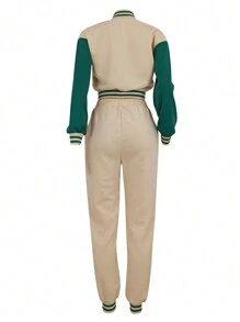Women's Casual Color Block Single-Breasted Long Sleeve Jacket Top Paired With Drawstring Pocket Sweatpants Set, Spring/Autumn/Winter