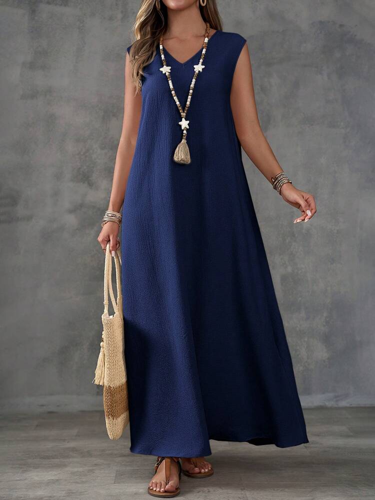 Khaki Textured Fabric V-Neck Sleeveless Slit Women's Dress