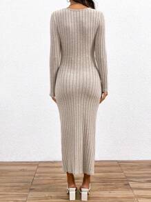 SHEIN Vestido de punto Body con nervios de unicolor casual para maternidad, de manga larga para primavera y otoño - Caqui - Ver 2