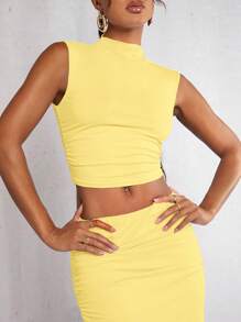 SHEIN BAE Mock Neck Tank Top & Ruched Skirt - Yellow - View 5