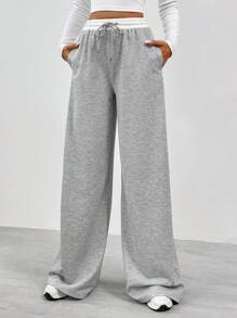 SHEIN Tall Quần ống rộng eo màu tương phản của nữ - Xám - Xem 6