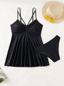 SHEIN Swim 女式镂空褶皱细肩带比基尼上衣和下装套装，黑色泳衣，2 件夏季