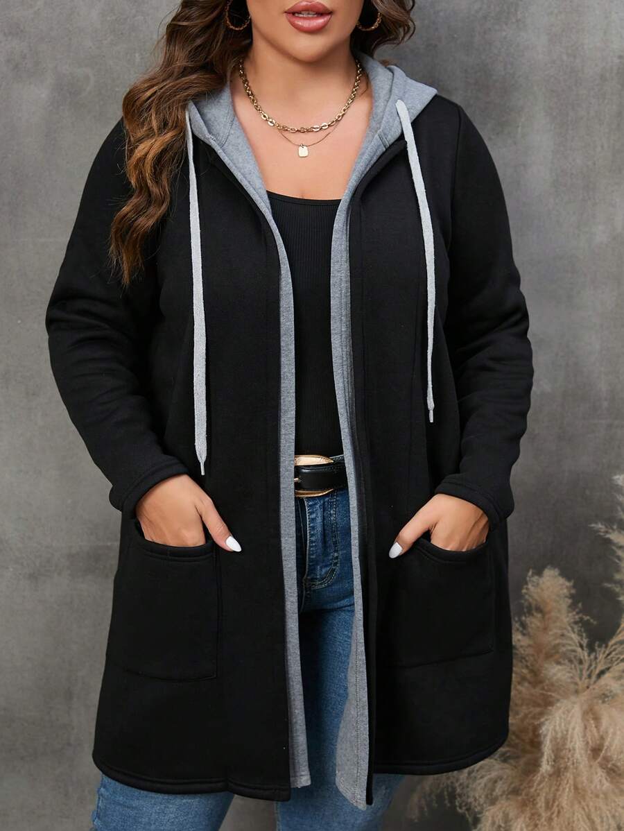 SHEIN CURVE+ Plus Size Women's  Dual  Winter Women Clothes Pocket Drawstring Hooded Coat Fall Autumn - Multicolor - View 1