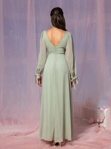 SHEIN Belle Elegante vestido verde salvia para mujer con tela fruncida de gasa, escote en V, pliegues en el pecho y la cintura, mangas largas con abertura transparente, lazo en la cintura y dobladillo en forma de A. Adecuado para bodas, festivales de música, eventos de regreso a la escuela y como vestidos de dama de honor. Tamaño estándar. - Verde - Ver 2