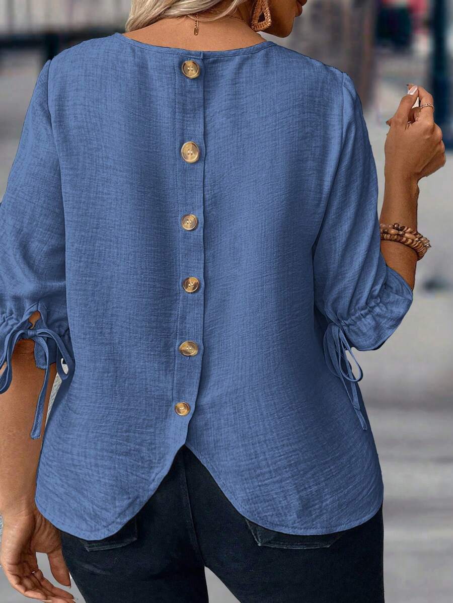 SHEIN LUNE 加扣鈕後背束帶袖口上衣 - 藍色 - 查看 1
