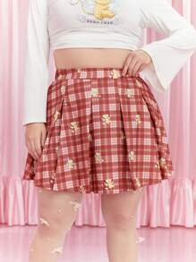 CARDCAPTOR SAKURA | SHEIN Plus Size Autumn Cute Casual Sweet School Style Red Plaid Cartoon Print Pleated Loose A-Line Skirt