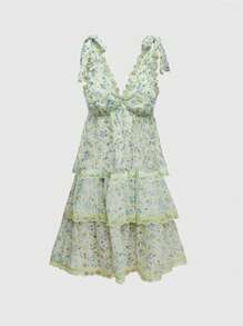 ROMWE Fairycore 小花印花鏤空花邊系帶雙肩無袖裙，適合夏季度假 - 綠色 - 查看 1