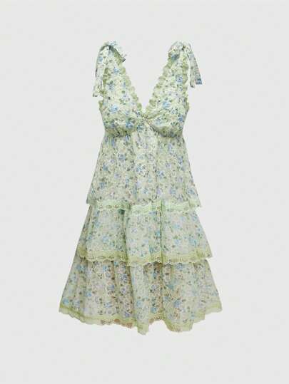Fairycore Ditsy Floral Print Lace Trim Tie Shoulder Sleeveless Dress For Summer Vacation