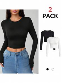 SHEIN PETITE 2 Packs Of Casual Simple Round Neck Long Sleeves Tight Cropped Women's T-Shirts - Multicolor - View 3