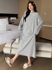 DAZY Striped Raglan Sleeve Loose Home Dress Pajama - Grey - View 3