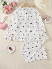 女童樱花荷叶边印花 2 件套家居服套装、长袖运动衫和裤子秋冬 - 白色 - 查看 2